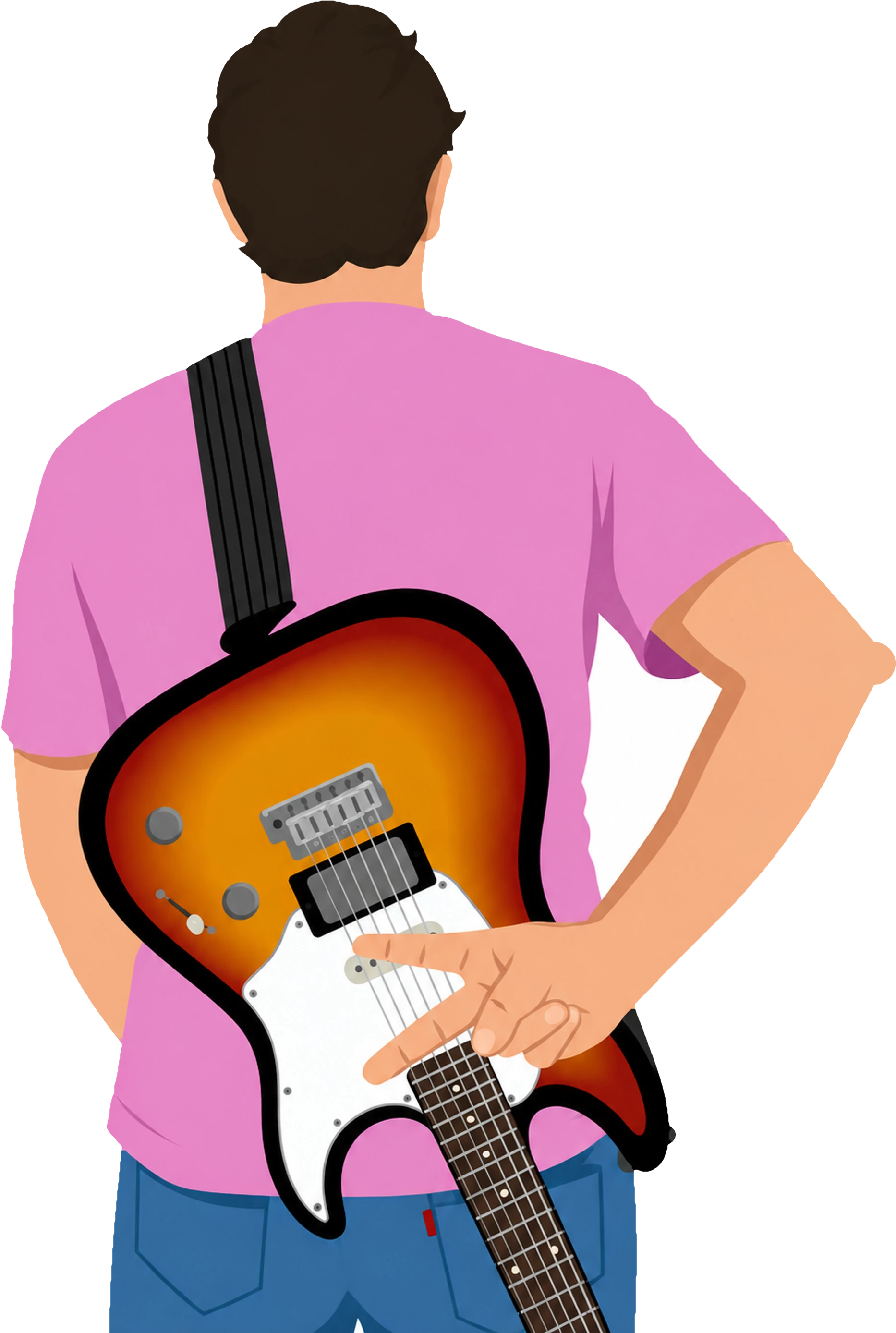Illustrazione di Alessandro di spalle, con la chitarra dietro la schiena